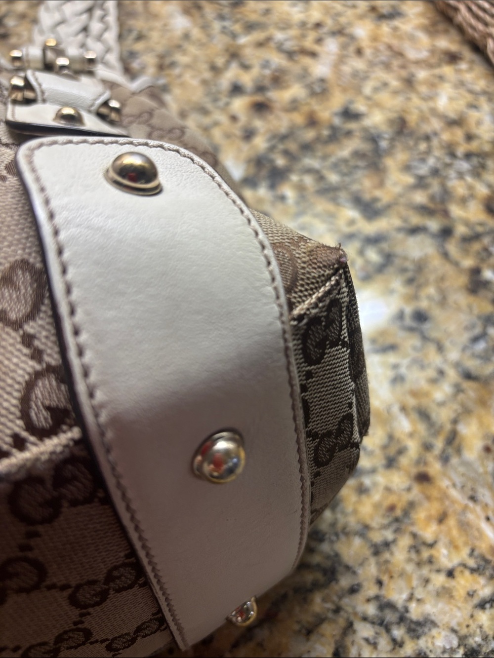 Vintage Gucci Beige Monogram Shoulder Bag with Cream Braided Handles. - Picture 9 of 13